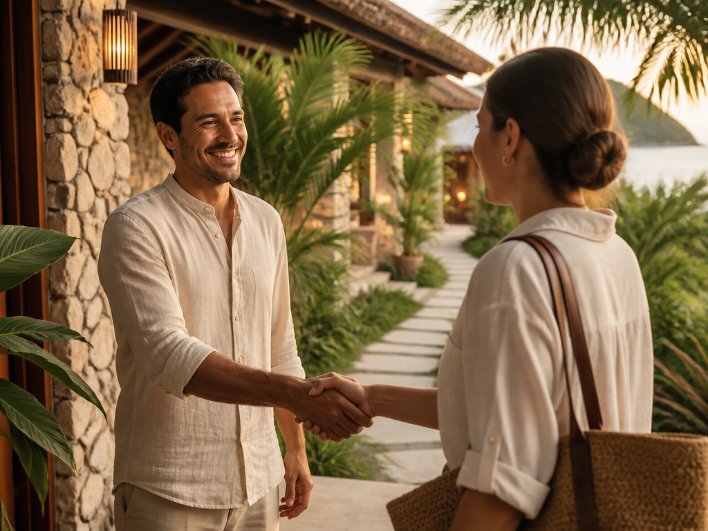 A VIVARA host welcoming a travel advisor with a handshake at the estate