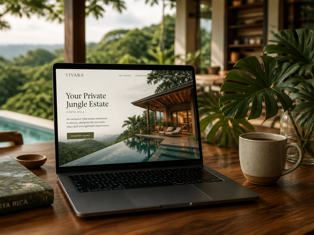 A laptop showing a co-branded VIVARA agency website in a villa setting